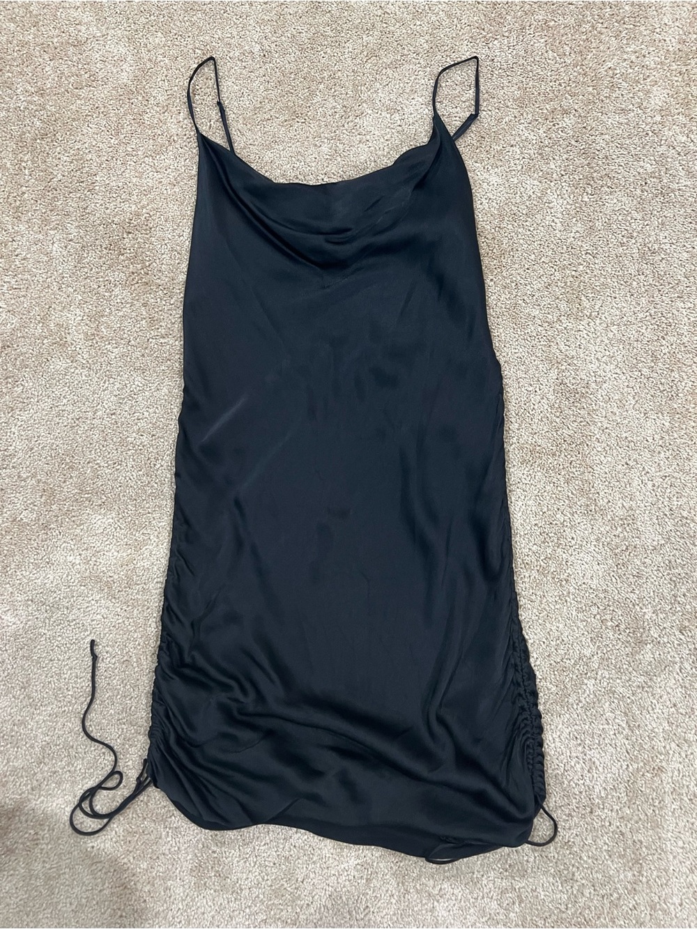 Aritzia Wilfred Black Satin Slip Dress with Adjustable Side Ruching